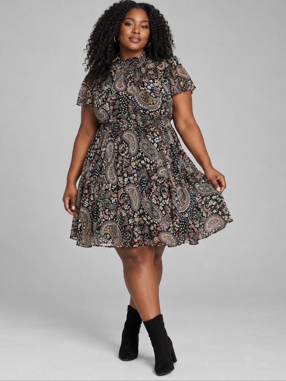 Torrid Mini Chiffon Dress 2X Black Floral Paisley Smocked Flutter Sleeve NWT New